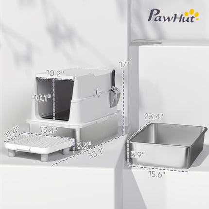 [*] Extra Large Stainless Steel Cat Litter Box – High-Sided Enclosure with Flip Cover & Scoop