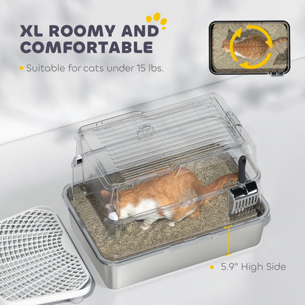 [*] Extra Large Stainless Steel Cat Litter Box – High-Sided Enclosure with Flip Cover & Scoop