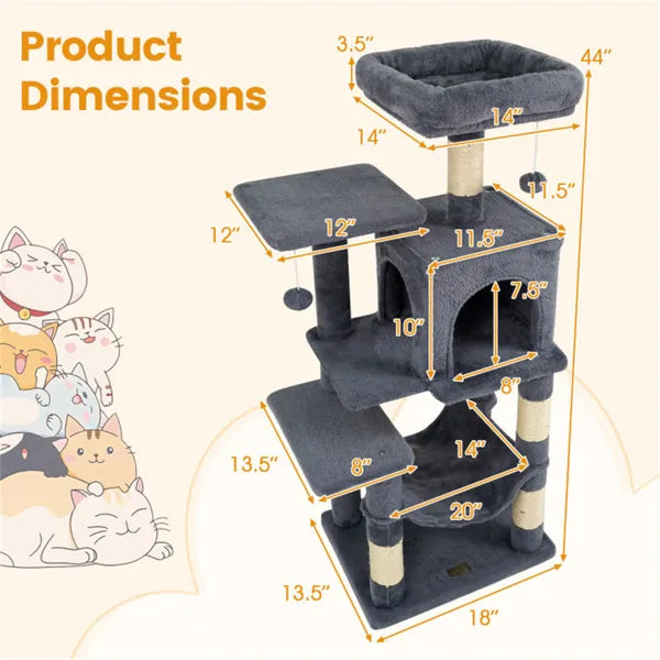 🐱 Multi-Level Cat Tree 44" | Perch, Condo & Hammock for Indoor Cats