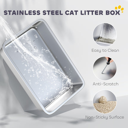 [*] Extra Large Stainless Steel Cat Litter Box – High-Sided Enclosure with Flip Cover & Scoop