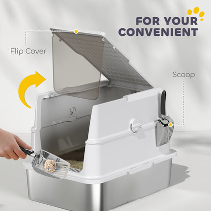 [*] Extra Large Stainless Steel Cat Litter Box – High-Sided Enclosure with Flip Cover & Scoop
