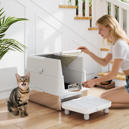 [*] Extra Large Stainless Steel Cat Litter Box – High-Sided Enclosure with Flip Cover & Scoop