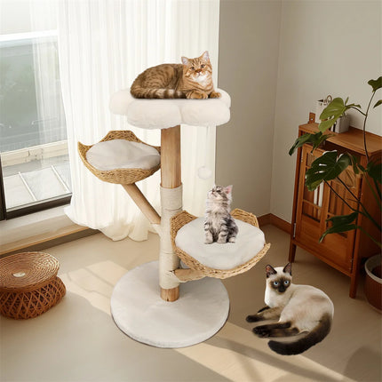 [*] 110cm Modern Cat Furniture Climbing Tree – Solid Wood Activity Center with Scratching Post