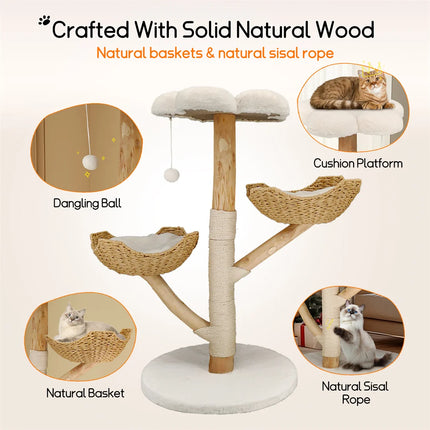 [*] 110cm Modern Cat Furniture Climbing Tree – Solid Wood Activity Center with Scratching Post