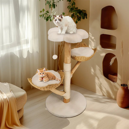 [*] 110cm Modern Cat Furniture Climbing Tree – Solid Wood Activity Center with Scratching Post