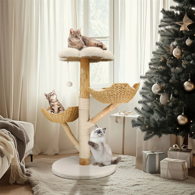 [*] 110cm Modern Cat Furniture Climbing Tree – Solid Wood Activity Center with Scratching Post