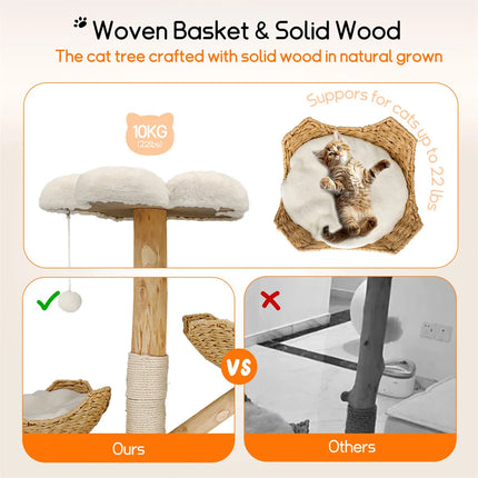 [*] 110cm Modern Cat Furniture Climbing Tree – Solid Wood Activity Center with Scratching Post