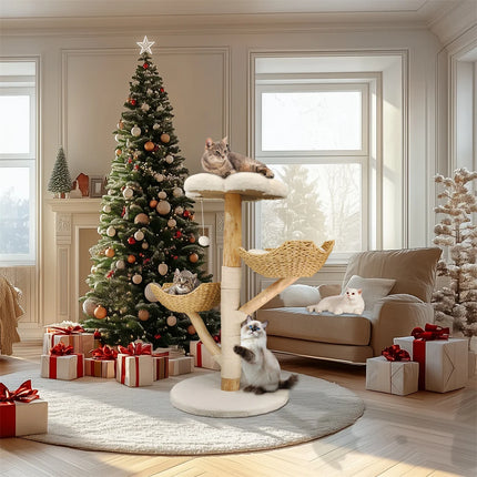 [*] 110cm Modern Cat Furniture Climbing Tree – Solid Wood Activity Center with Scratching Post