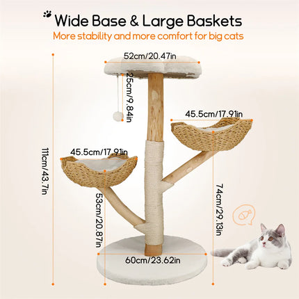 [*] 110cm Modern Cat Furniture Climbing Tree – Solid Wood Activity Center with Scratching Post