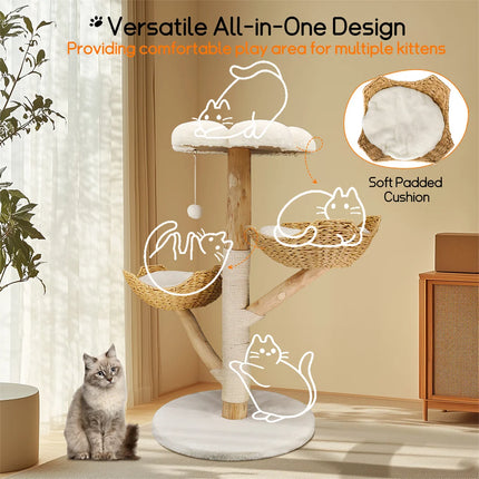 [*] 110cm Modern Cat Furniture Climbing Tree – Solid Wood Activity Center with Scratching Post