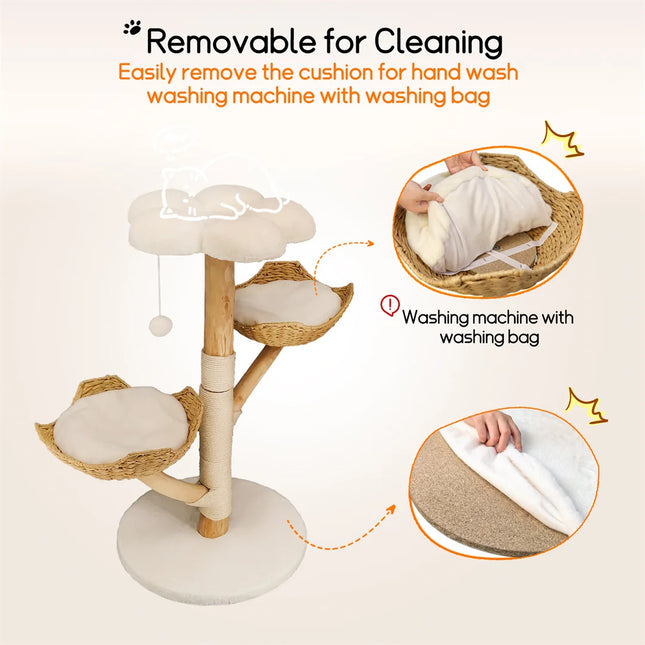 [*] 110cm Modern Cat Furniture Climbing Tree – Solid Wood Activity Center with Scratching Post