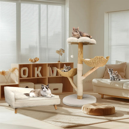 [*] 110cm Modern Cat Furniture Climbing Tree – Solid Wood Activity Center with Scratching Post