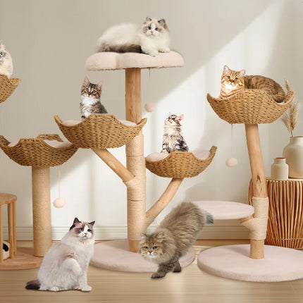 [*] 110cm Modern Cat Furniture Climbing Tree – Solid Wood Activity Center with Scratching Post