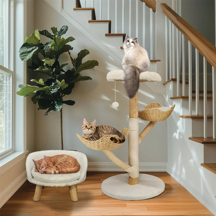 [*] 110cm Modern Cat Furniture Climbing Tree – Solid Wood Activity Center with Scratching Post