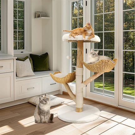 [*] 110cm Modern Cat Furniture Climbing Tree – Solid Wood Activity Center with Scratching Post