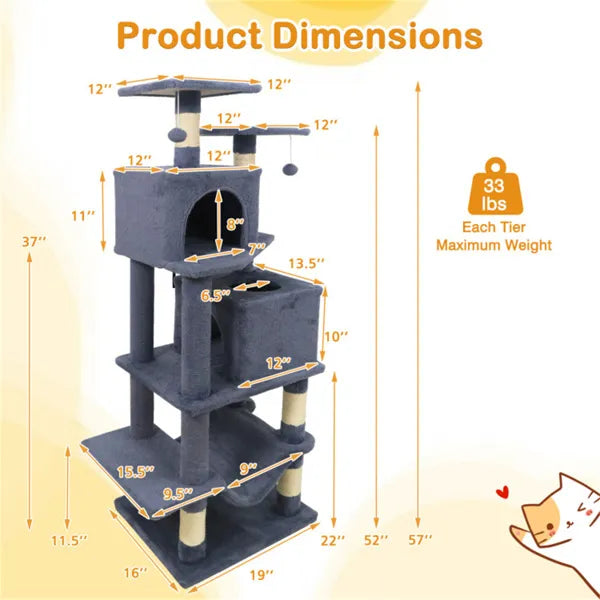 🐱 Cat Tree 57" for Multi-Cat Homes | 2 Condos & Hammock
