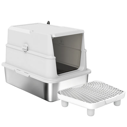[*] Extra Large Stainless Steel Cat Litter Box – High-Sided Enclosure with Flip Cover & Scoop